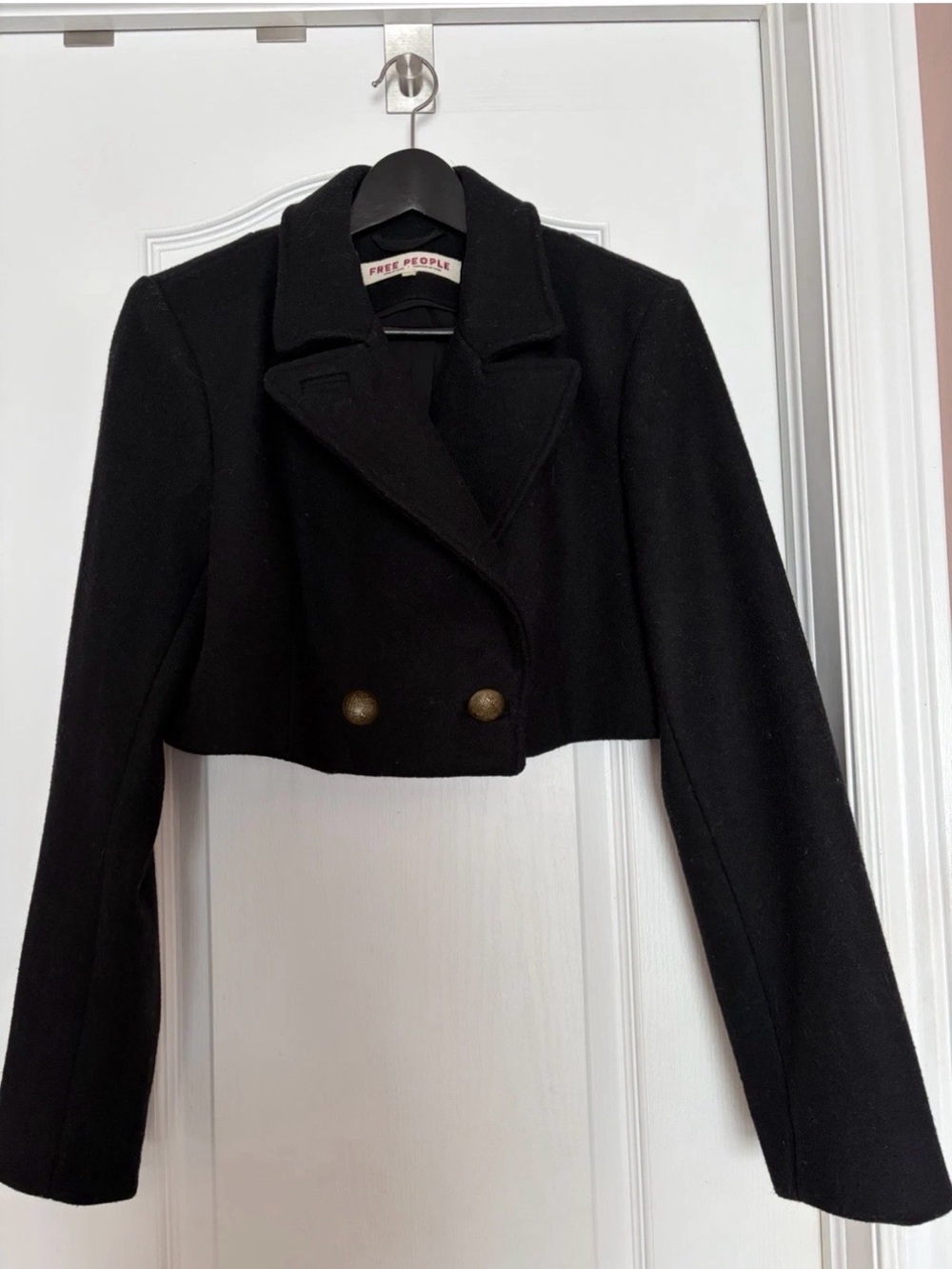 Free People Black Cropped Double-Breasted Blazer Jacket